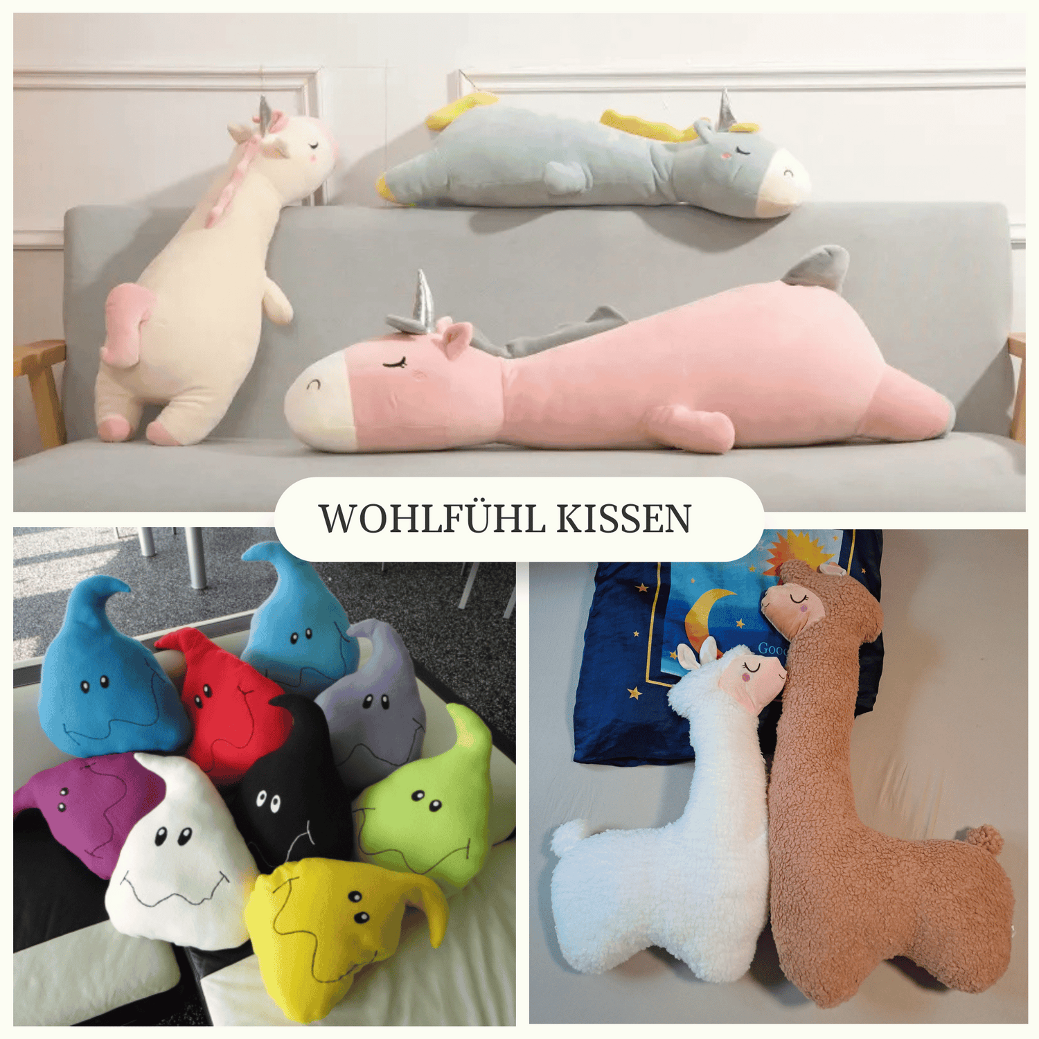 Wohlfühl Kissen z.B. Einhorn Kissen, Lama bzw. Alpaka Seitenschläferkissen und Couch Knuffel